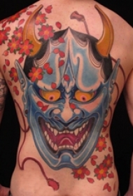 男生后背上彩绘抽象线条植物花朵和般若纹身图片