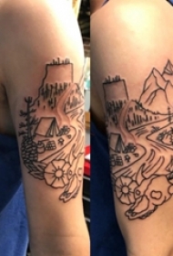 男生手臂上黑色线条创意文艺风景纹身图片