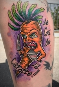 男生小腿上彩绘简单线条叶子和胡萝卜食物纹身图片