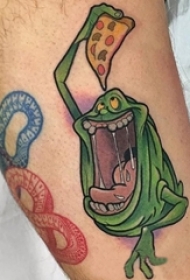 男生小腿上彩绘抽象线条卡通人物和食物批萨纹身图片