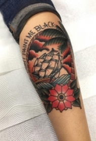 女生手臂上彩绘水彩素描创意精美帆船纹身图片