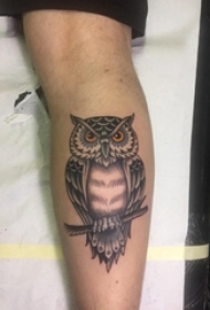 男生小腿上彩绘点刺简单线条小动物猫头鹰纹身图片