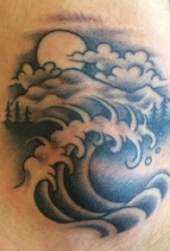 男生小腿上黑灰素描点刺技巧创意浪花风景纹身图片