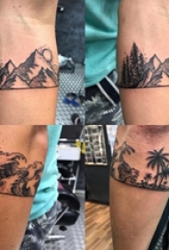 男生手臂上黑灰点刺抽象线条山水沙滩风景纹身图片