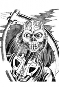 男性喜爱的黑灰色镰刀死神纹身手稿