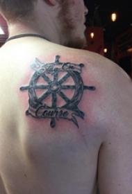 男生背部黑灰素描点刺技巧创意方向盘纹身图片