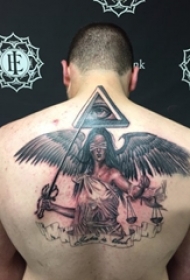男生后背上黑灰点刺抽象线条创意天使人物纹身图片