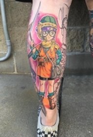 男生小腿上彩绘渐变简单线条卡通女生人物纹身图片