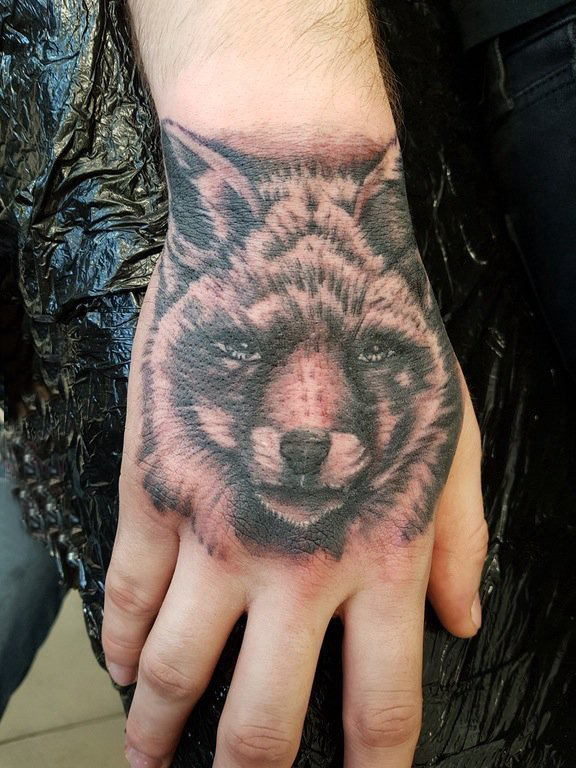 女生手臂上黑灰素描点刺技巧狼头纹身图片