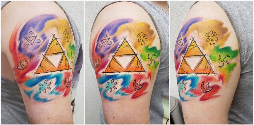 男生手臂上彩绘渐变几何抽象线条三角形纹身图片