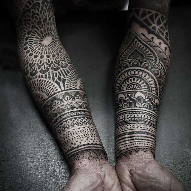 多款手臂上的黑色线条素描创意文艺唯美梵花花纹花臂纹身图案