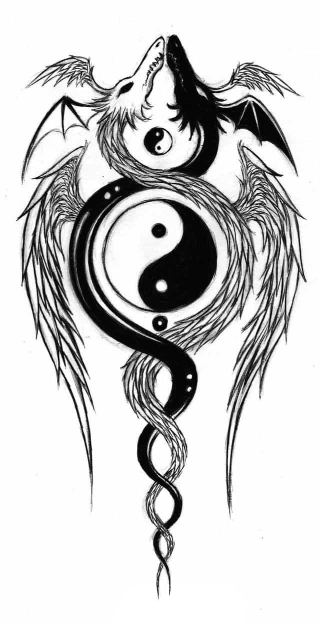 黑色线条素描霸气精致飞龙阴阳八卦纹身手稿