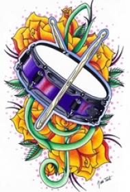 彩绘水彩素描唯美玫瑰文艺鼓乐器纹身手稿
