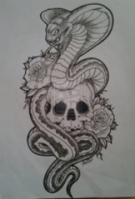 黑色线条素描霸气蛇经典骷髅纹身手稿