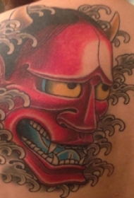 男生后背上彩绘渐变抽象线条般若纹身图片