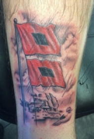 男生小腿上彩绘几何简单线条旗帜纹身图片