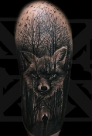 男生手臂上黑灰素描点刺技巧唯美风景精致纹身图片