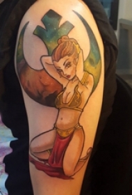 男生大臂上彩绘渐变简单线条人物肖像纹身图片