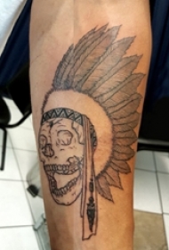 男生手臂上黑色点刺简单线条骷髅印第安人纹身图片