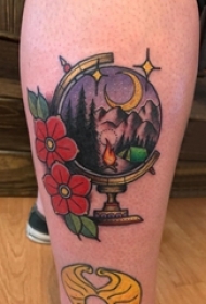男生小腿上彩绘水彩素描文艺风景纹身图片