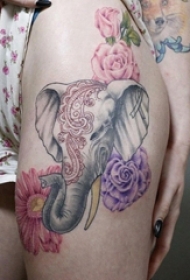 女生大腿上彩绘渐变简单线条花朵和大象纹身图片