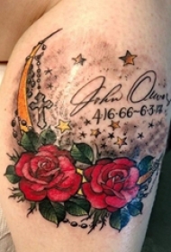 女生小腿上彩绘渐变简单线条植物花朵和星星纹身图片