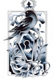 黑灰素描文艺花朵小鸟画作纹身手稿