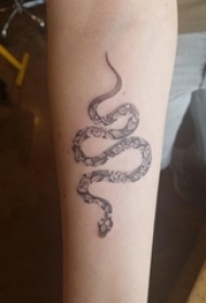 女生手臂上黑灰点刺简单线条植物花朵和蛇纹身图片