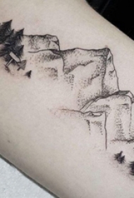 女生手臂上黑色点刺简单线条植物大树和山脉纹身图片