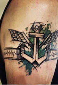 男生手臂上黑色线条素描霸气船锚经典纹身图片