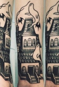 男生小腿上黑色点刺几何简单线条建筑物和幽灵纹身图片