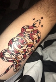 男生小腿上彩绘简单抽象线条花朵和动物蛇纹身图片
