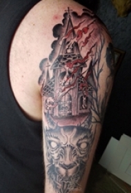 男生手臂上彩绘水彩素描创意城堡纹身图片