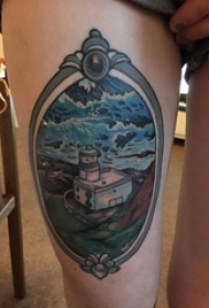 女生大腿上彩绘水彩素描创意文艺唯美风景纹身图片