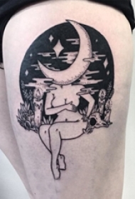 女生大腿上黑灰素描点刺技巧创意文艺抽象肖像纹身图片