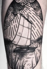 男生大腿上黑色点刺几何简单线条帆船纹身图片