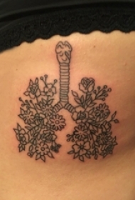 女生侧腰上黑色几何简单线条植物花朵型肺部纹身图片