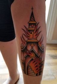 男生小腿上彩绘水彩素描霸气建筑纹身图片