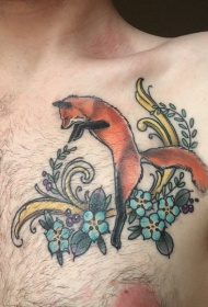 男生胸口上彩绘水彩素描创意文艺狐狸纹身图片