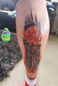 建筑物纹身 男生小腿上彩色的花朵和建筑物纹身图片