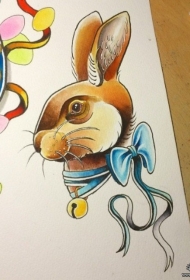 欧美兔子蝴蝶结彩色纹身图案手稿