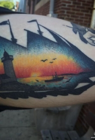欧美帆船彩色灯塔纹身图案