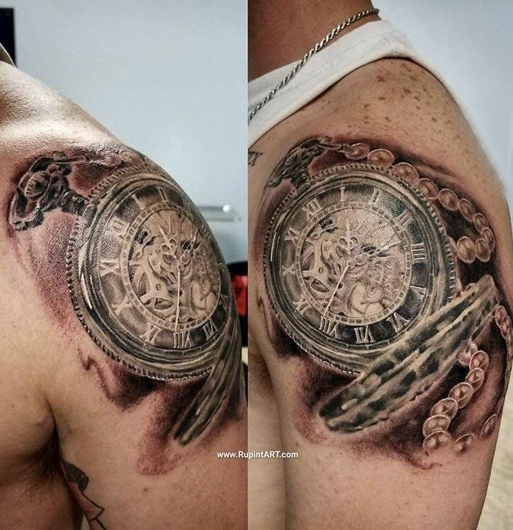 欧美怀表纹身 男生手臂上欧美怀表纹身黑色图片