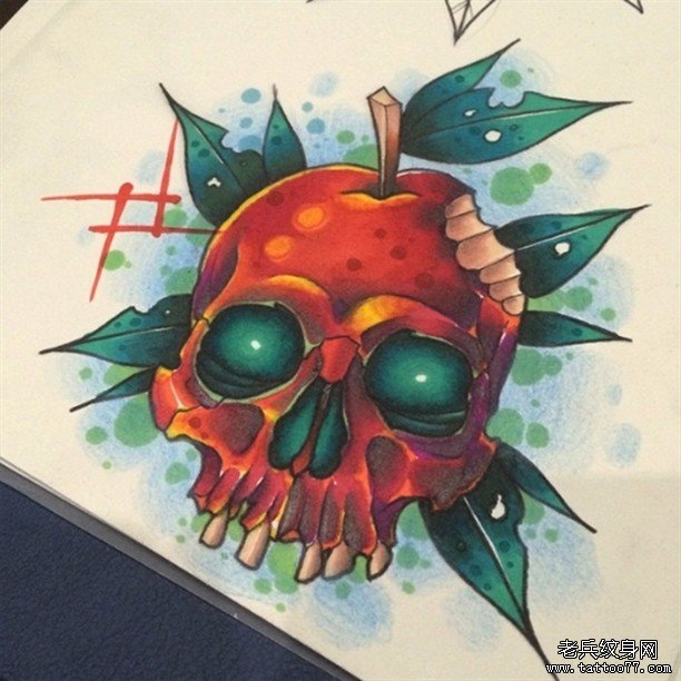 欧美new school骷髅苹果纹身图案手稿