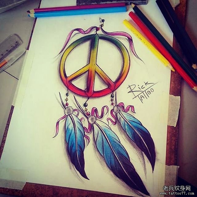 欧美漂亮的彩色捕梦网纹身图案手稿