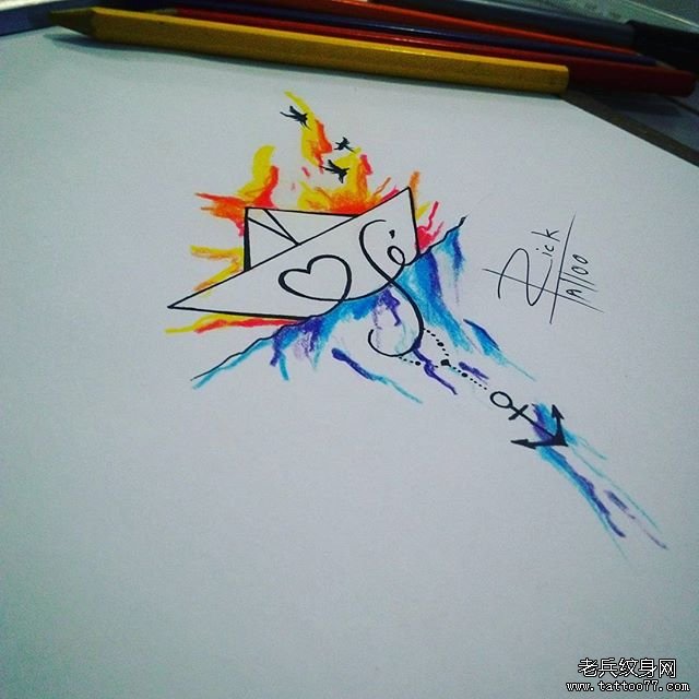 小清新纸船泼墨纹身图案手稿