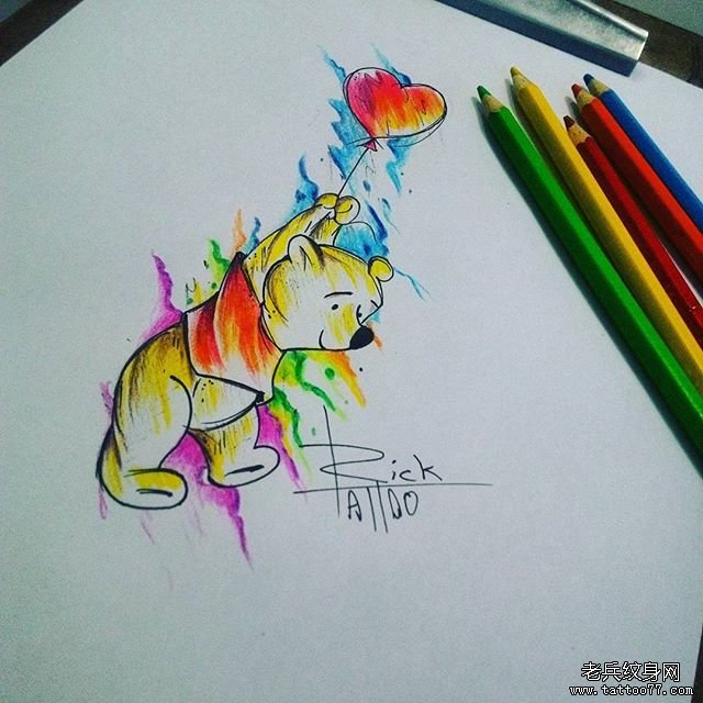 可爱熊彩色泼墨纹身图案手稿