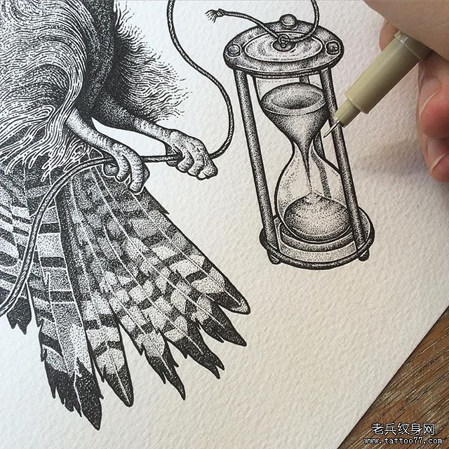 欧美点刺沙漏纹身图案手稿