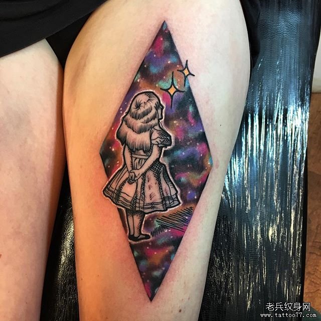 大腿星空几何人物纹身图案
