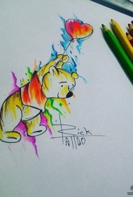 可爱熊彩色泼墨纹身图案手稿